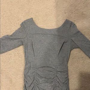 Grey pinstripe with v neck back,bottom of knee